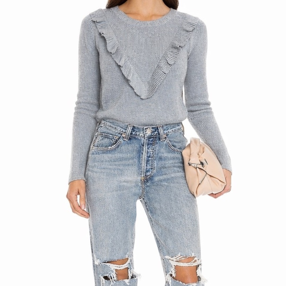 RED Valentino | Ruffled Metallic Ribbed Knit Sweater Sky Blue Cotton Blend SZ S